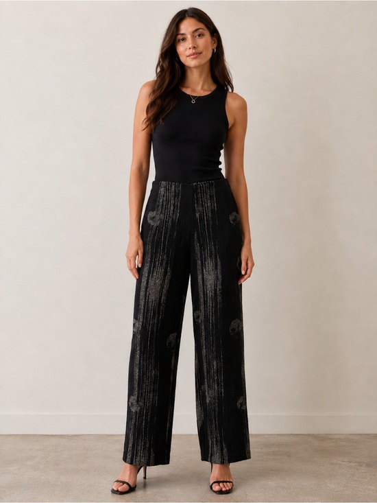 ICHI Pants - Black Trousers with Silver Brushstroke Pattern